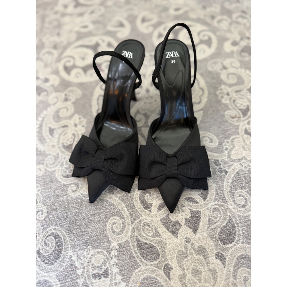 Zara Black Satin Bow Slingback Pumps Pointed Toe Stiletto Heels Size 36